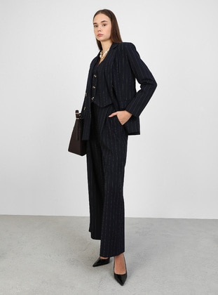 Navy- Navy Striped Classic Fabric Jacket - Refka