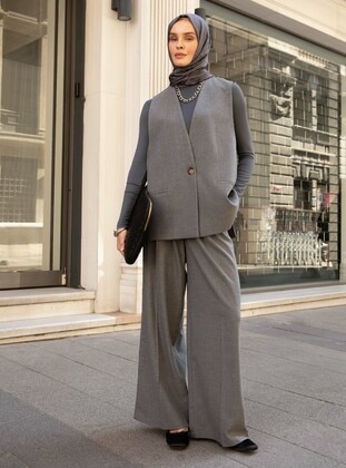 Classic Fabric Wide-Leg Trousers - Gray - Refka