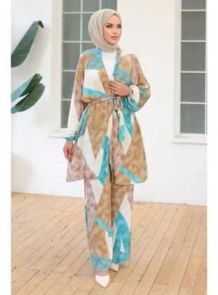 Karışık Renkli Kimono Pantolon İkili Takım 1109 - Mint