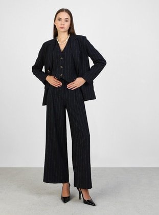 Navy Striped -Navy Striped Loose-Fit Classic Fabric Trousers -  Refka