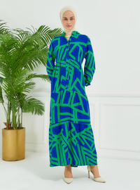 Robe Modeste à Motif Géométrique Bleu Outremer