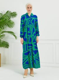 Robe Modeste à Motif Géométrique Bleu Outremer