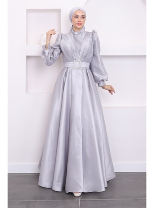 Grey - Fully Lined - Modest Evening Dress - İmaj Butik