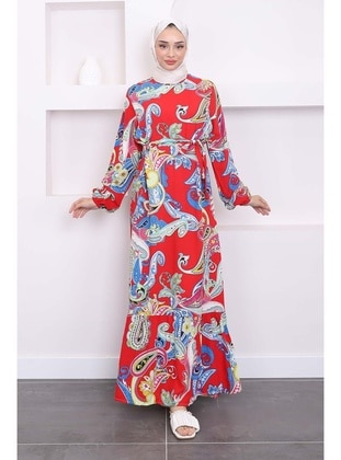 Red - Unlined - Modest Dress - İmaj Butik