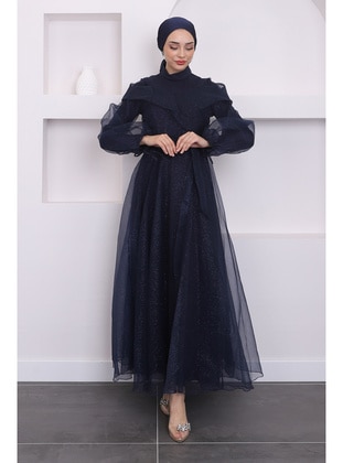 Navy Blue - Fully Lined - Modest Evening Dress - İmaj Butik