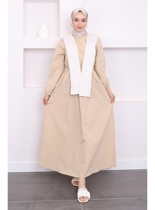 Stone Color - Unlined - Modest Dress - İmaj Butik