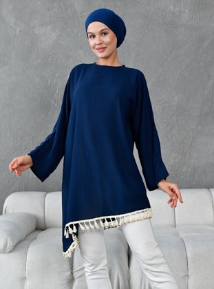 Navy Blue - Cream - Tunic - Tuncay