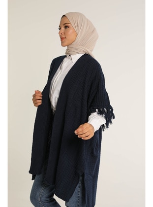 Women Oversıze Relaxed Fıt Shawl Collar Jacquard Sleeves Fringed Knit Knıt Sweater Navy