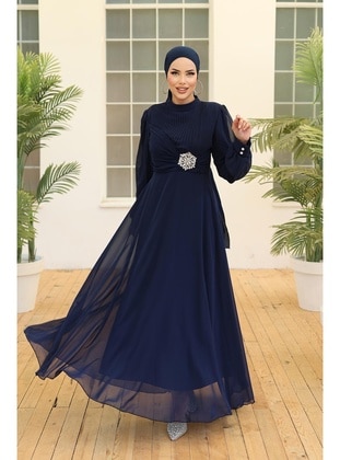 Navy Blue - Modest Evening Dress - Hakimoda