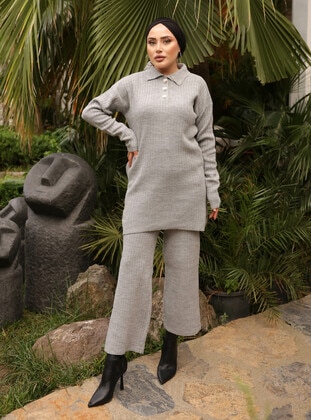 Grey - Knit Suits - SAHRA BUTİK