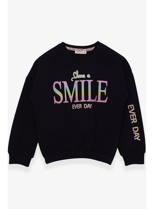 Breeze Kız Çocuk Sweatshirt Simli Yazı Baskılı 8-14 Yaş, Lacivert