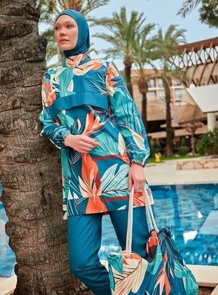 Turquoise - Unlined - Printed - Burkini - Riva Mera