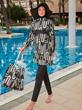 Unlined - Printed - Black - Burkini - Riva Mera