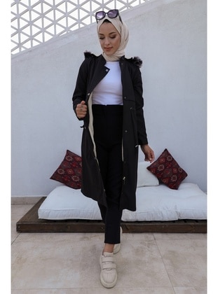 Long Coat With Drawstring Waist Black