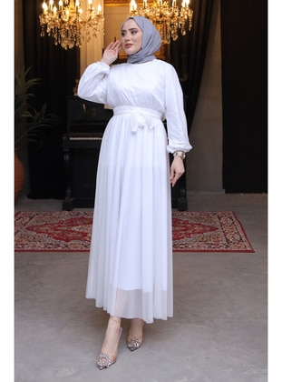 White - Fully Lined - Modest Dress - İmaj Butik