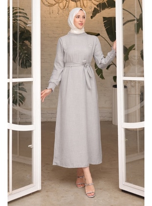 Grey - Unlined - Modest Dress - İmaj Butik