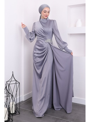 Grey - Unlined - Modest Evening Dress - İmaj Butik