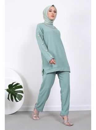 Mint Kolyeli Kolları Düğmeli Tunik Pantolon Takım