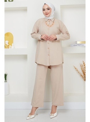 Beige - Suit - Hafsa Mina