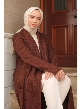 Brown - Knit Cardigan - Hafsa Mina