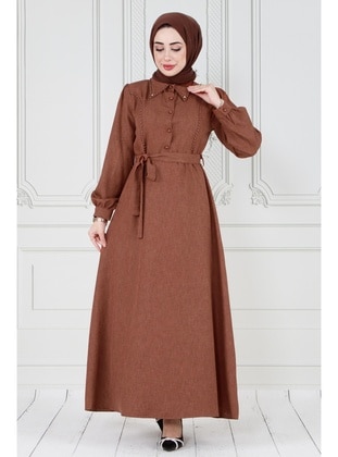 Brown - Modest Dress - Sevitli