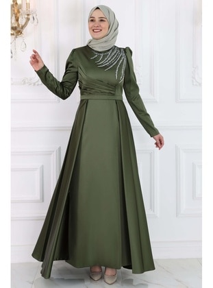 Khaki - Plus Size Evening Dress - Amine Hüma