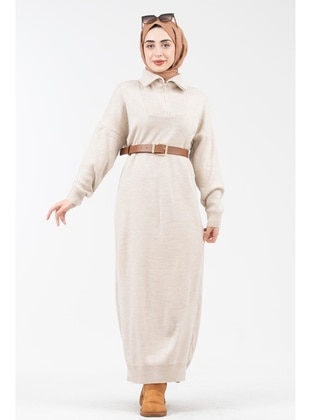 Beige - Knit Dresses - Sevitli