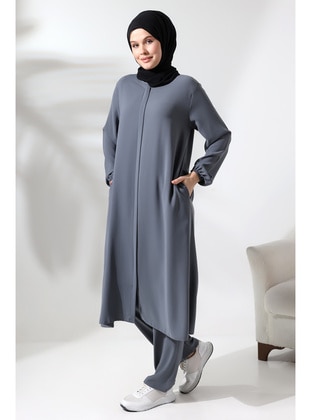 Grey - Crew neck - Modest Dress - İhvan