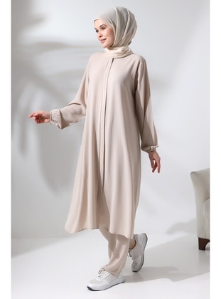 Cream - Crew neck - Modest Dress - İhvan