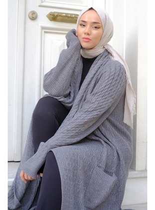 Grey - Knit Cardigan - Hafsa Mina