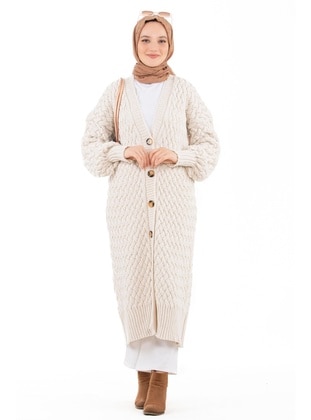 Beige - Knit Cardigan - Sevitli