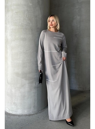 Grey - Crew neck - Modest Dress - Olcay