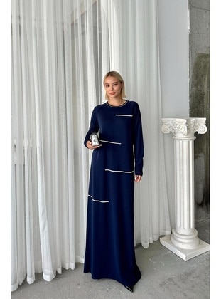 Navy Blue - Crew neck - Modest Dress - Olcay