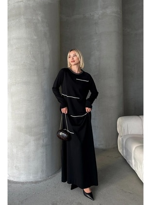 Black - Crew neck - Modest Dress - Olcay