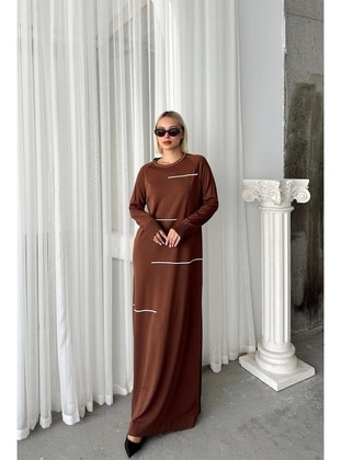 Tan - Crew neck - Modest Dress - Olcay