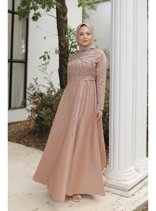 Beige - Modest Evening Dress - Hakimoda