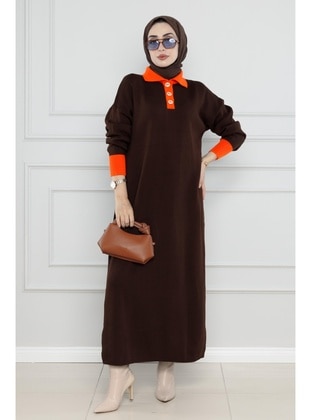 Brown - Knit Dresses - Sevitli