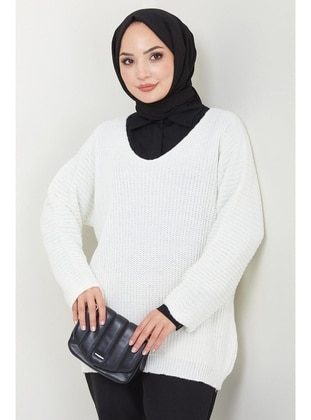 White - Unlined - V neck Collar - Knit Sweaters - Hafsa Mina