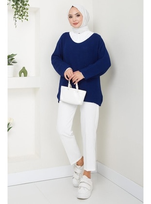 Navy Blue - Unlined - V neck Collar - Knit Sweaters - Hafsa Mina