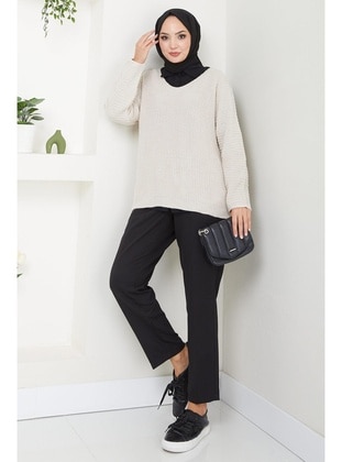 Stone Color - Unlined - V neck Collar - Knit Sweaters - Hafsa Mina