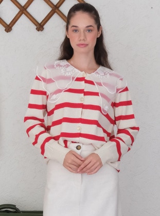 Red Striped - Knit Cardigan - Ceylan Otantik