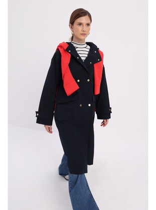 Navy Blue - Half Lined - Hooded collar - Trench Coat - ALLDAY