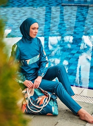 Unlined - Printed - Blue - Burkini - Riva Mera