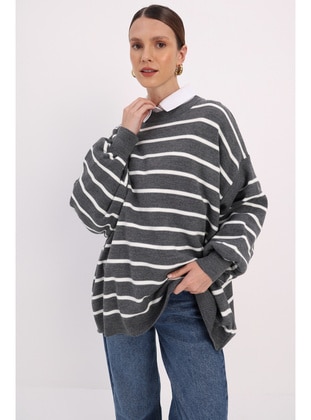 Grey - Stripe - Crew neck - Jumper - ALLDAY