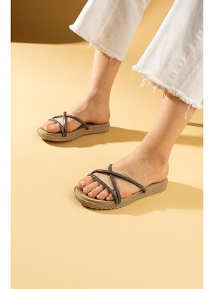 Black - Flat Slippers - Sandal - Pembe Potin