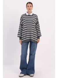 Grey - Stripe - Crew neck - Jumper