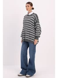 Grey - Stripe - Crew neck - Jumper