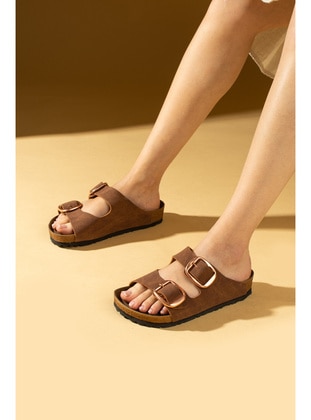 Black - Flat Slippers - Sandal - Pembe Potin