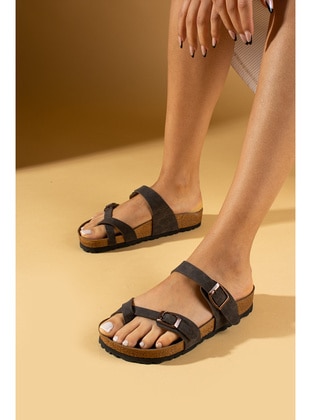 Black - Flat Slippers - Sandal - Pembe Potin