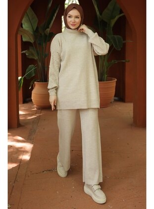 Stone Color - Unlined - Polo neck - Knit Suits - Hafsa Mina